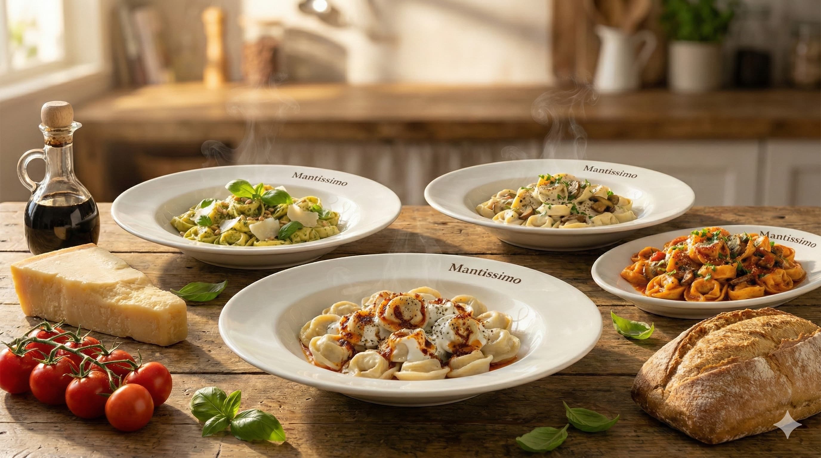 Mantissimo tortellini ve pelmeni çeşitleri, ahşap masada